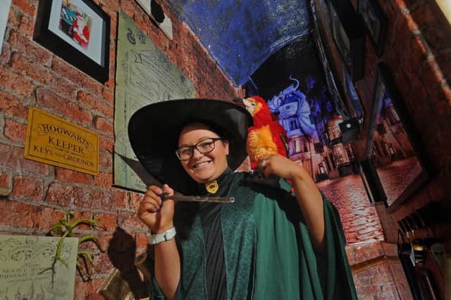 MAGIC: Catherine Hamilton-Edwards has transformed her staircase into a scene from JK Rowlings Harry Potter series. PIC: Tony Johnson