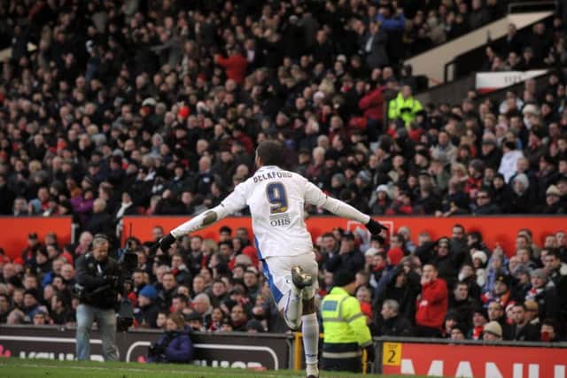 Leeds United striker Jermaine Beckford celebrates at Old Trafford after scoring against Manchester United.