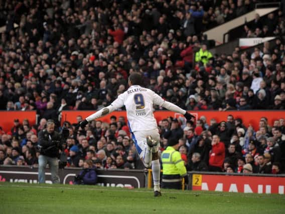 Leeds United striker Jermaine Beckford celebrates at Old Trafford after scoring against Manchester United.