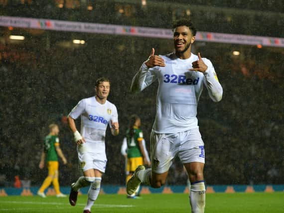 Leeds United forward Tyler Roberts celebrates against Preston North End.