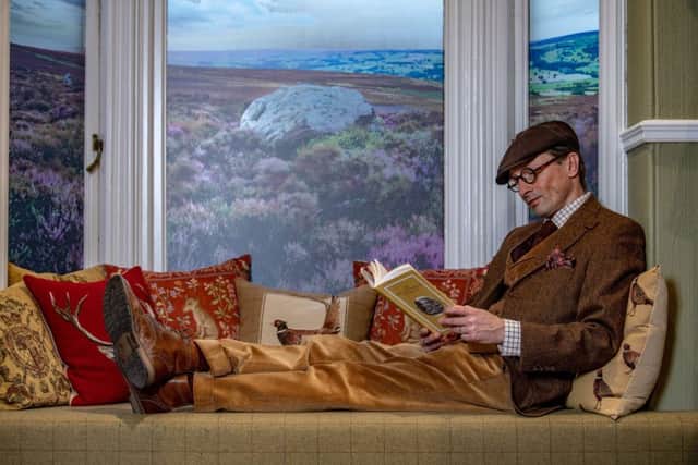 Giles wears: brown Irish Donegal tweed blazer, Â£435; moleskin blazer, Â£150; brown green tattersall shirt, Â£69; herringbone cashmere tie, Â£79; cinnamon corduroy trousers, Â£110; tweed cap, Â£59; gold hunting silk hank, Â£40. Cushions, from a selection at Cordings Harrogate store. Picture: James Hardisty at Cordings of Harrogate.