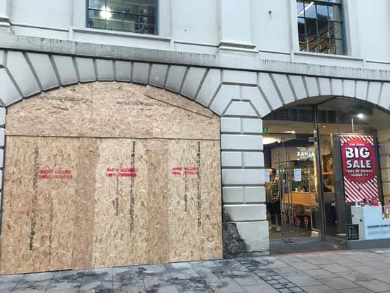 The city centre Paperchase has been boarded up following a building fire.
