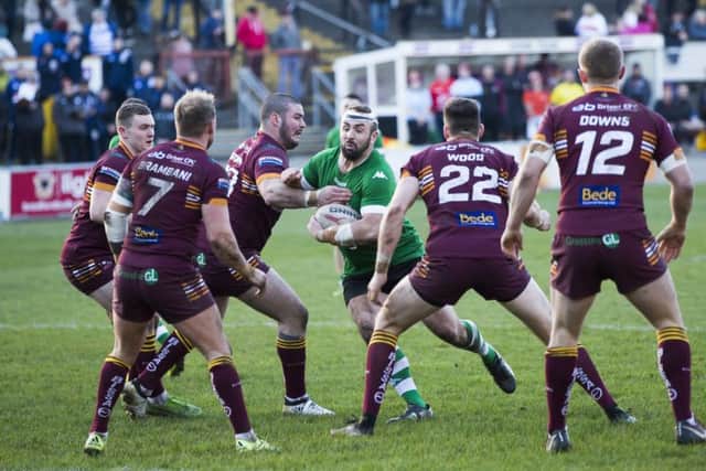 Richard Moore on the attack for Hunslet against Batley.