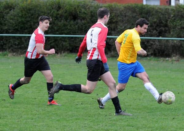 Robbie Rice scores the first goal for Glasshougton Rock in the 2-2 draw with Old Centralians. PIC: Steve Riding