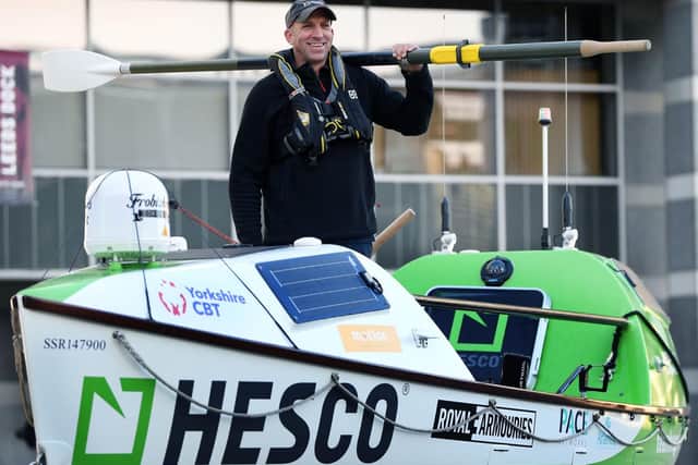 Army veteran Charlie Martell visit Leeds Royal Armouries before setting off on a 5,000 mile row across the North Pacific.