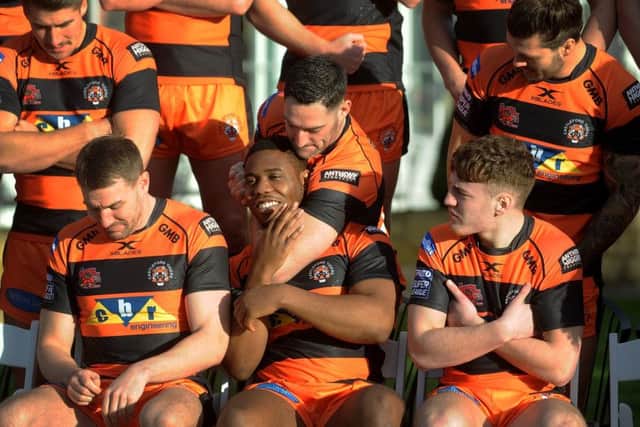 Castleford Tigers players enjoy a joke during their annual media day at Rogerthorpe Hall.