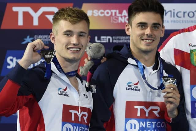 Jack Laugher (left) and Chris Mears with their silver medals after the synchronised 3m springboard final at the European Championships.