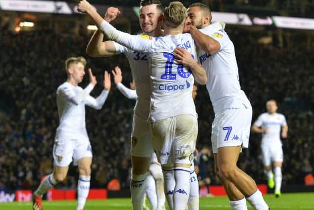 Leeds United celebrate Jack Harrison's goal against Derby County.