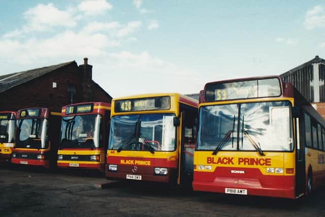Line up of Black Prince buses in the bus yard depot at Morley