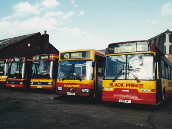 Line up of Black Prince buses in the bus yard depot at Morley