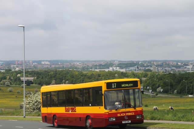 A Black Prince bus with its 'rhubarb and custard' livery