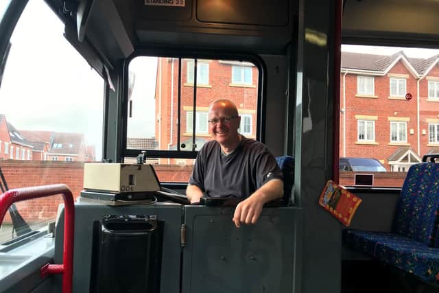 Dvid Crowther, son of Black Prince founder Brian Crowther, driving a bus on the free festive route.