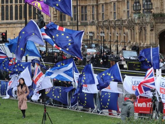 The scene outside the Palace of Westminster ahead of tonight's Brexit vote. Pic: PA