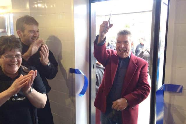 Billy Pearce, award winning actor and comedian, at the official opening of the new extension to the chip shop.
