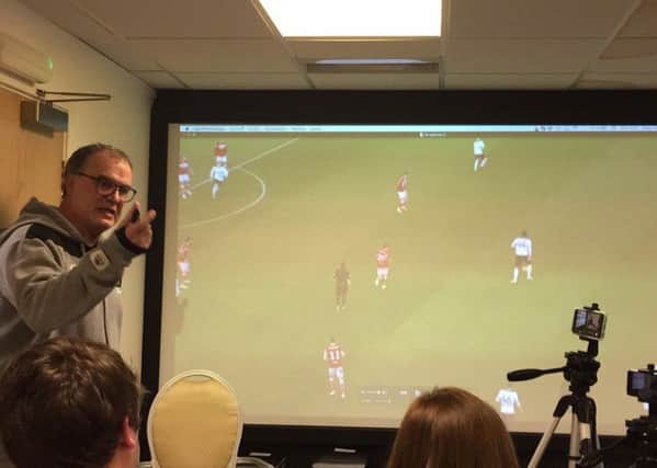 Marcelo Bielsa gives a PowerPoint presentation to the media. PIC: PA