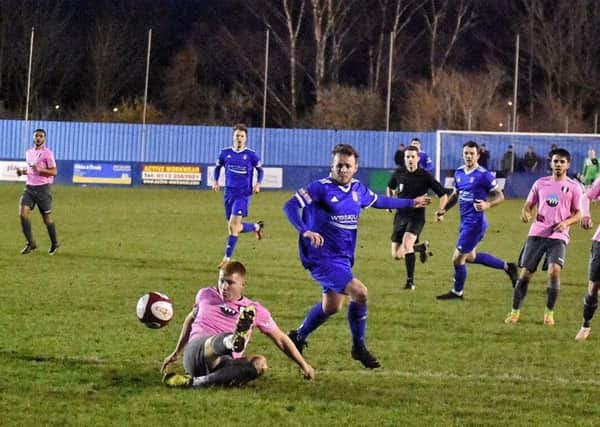 Action from last weekend's draqw at home to Grantham Town. Picture courtesy of John McEvoy/Farsley Celtic