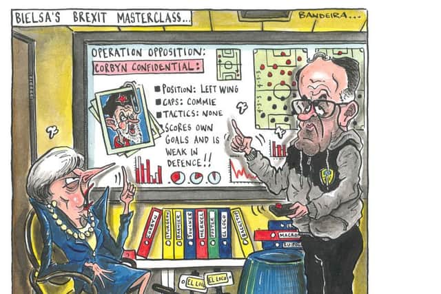 Leeds United manager Marcelo Bielsa was briefing reporters on footblal tactics, and his approach, while MPs were debating a no confidence motion in Theresa May. This illustration is by Graeme Bandeira, The Yorkshire Post's very own cartoonist.