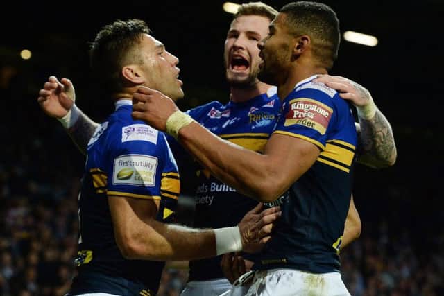 Kallum Watkins celebrates Leeds Rhinos' Grand Final victory in 2015 which completed a memorable treble.