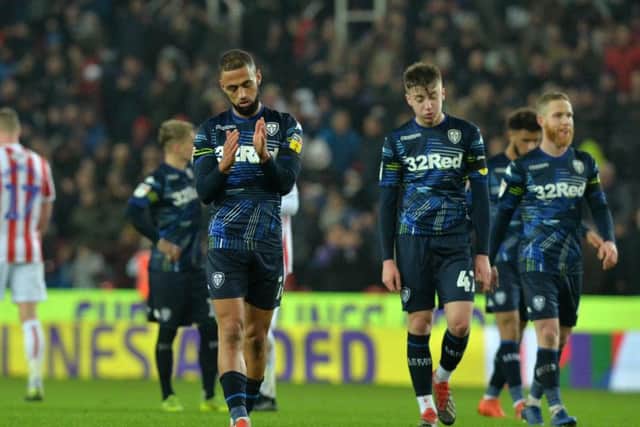 Leeds United players looks dejected following the final whistle at Stoke City.