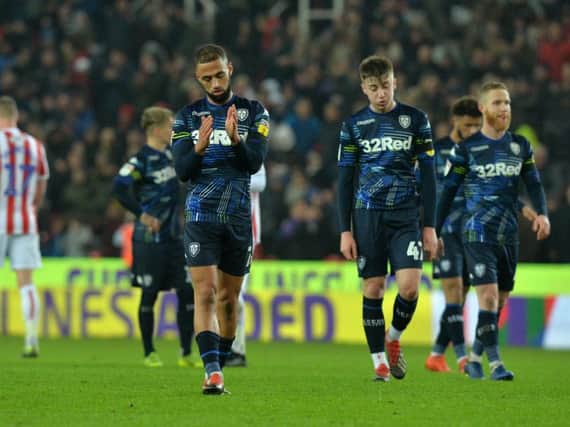 Leeds United players looks dejected following the final whistle at Stoke City.