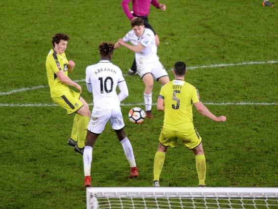 Daniel James scoring for Swansea City. Leeds United are pushing to sign the winger this week.