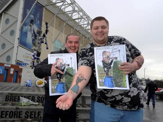 Danny Binks pictured with his Marcelo Bielsa 'Spygate' Tattoo, with Yorkshire Post Artist Graeme Bandiera, outside Elland Road, Leeds
