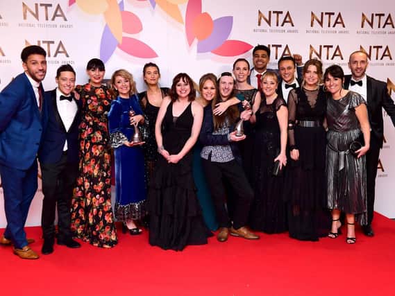 The cast of Emmerdale with the award for best Serial Drama in the Press Room at the National Television Awards 2019 held at the O2 Arena, London. Ian West/PA Wire