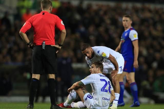 Leeds United's Gaetano Berardi suffers a torn hamstring against Ipswich Town in October.