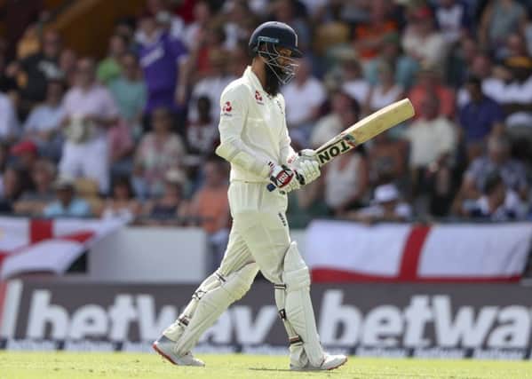 England's Moeen Ali leaves the pitch after being dismissed for a first ball duck.
