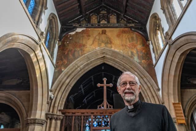 Date: 23rd January 2019.
Picture James Hardisty.
Rev Paul Knight, from St Peter's Church, Birstall,  is excited because they are hoping to raise funds to restoring the rare Frampton mural only one of three in existence which they have in the church... and next year will mark the 900th anniversary of the founding of the church.
