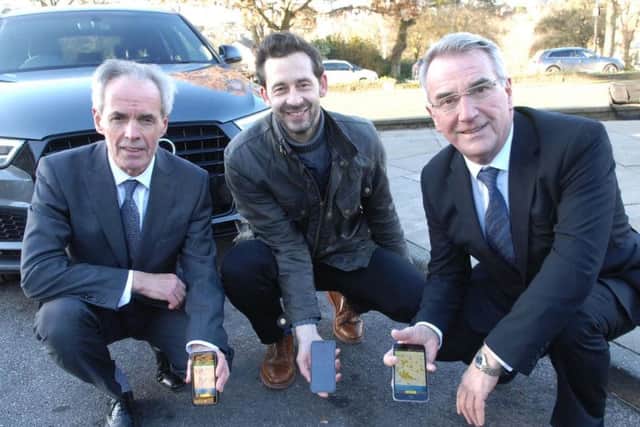NYCC Executive Member for Highways, Coun Don Mackenzie, CEO and founder of AppyParking, Dan Hubert and HBC Cabinet Member for Sustainable Transport, coun Phil Ireland