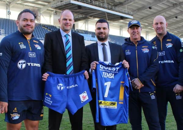 Konrad Hurrell with Ian Brooksbank (head of commercial finance, Arriva Bus and Coach) and Aykan Cavlak (Temsa UK sales manager) and Leeds Rhinos coach Dave Furner and Carl Ablett.