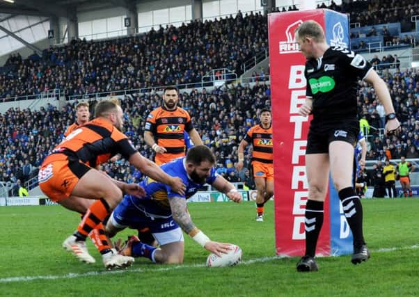 Adam Cuthbertson touching down in the recent Kallum Watkins testimonial game with Castleford Tigers.