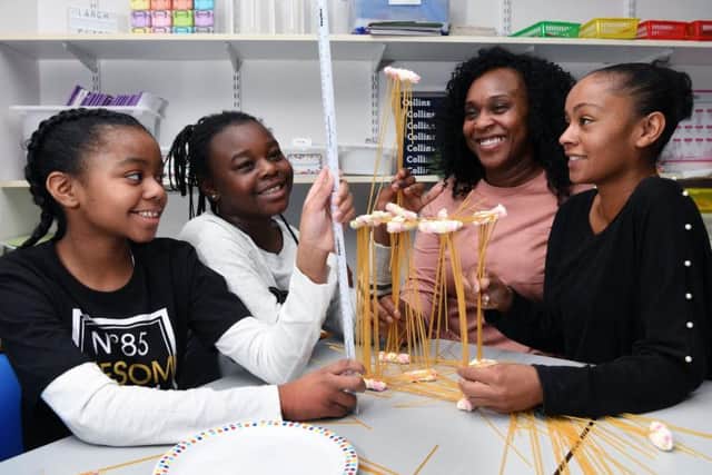 Number day at Bracken Edge Primary School, where parents are invited in to join pupils taking part in maths activities. 
From left, Isharlla Skellinton-Francis, Zekaya Buwerimwe-Hamilton, Vanya Hamilton and Elishia Anderson.
1st February 2019.