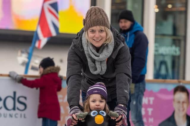 Opening of Ice Cube Leeds in Millennium Square, Leeds. Pictured Karen Woodford, having fun with daughter Amalie, aged 3, of Roundhay, Leeds.
