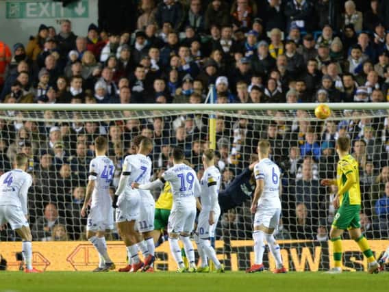 NIGHTMARE START: Leeds United goalkeeper Kiko Casilla cannot prevent Mario Vrancic's deflected fifth-minute free-kick giving Norwich City the lead. Picture by Bruce Rollinson.