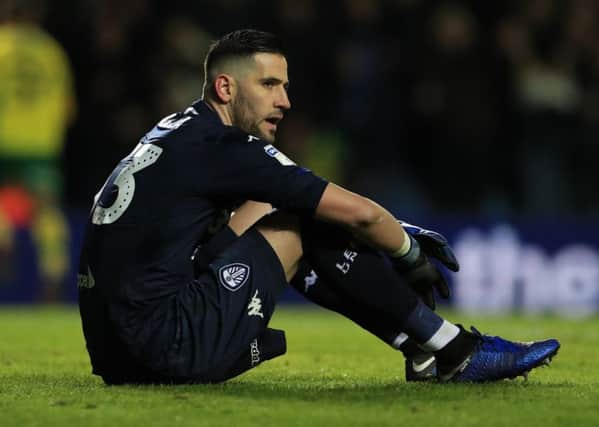 Leeds United's keeper Kiko Casilla shows his frustration after conceding the third goal against Norwich City.