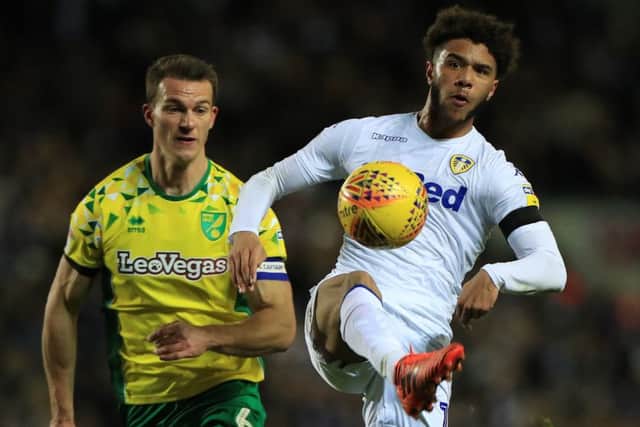 Leeds United's Tyler Roberts gets a shot against Norwich City.