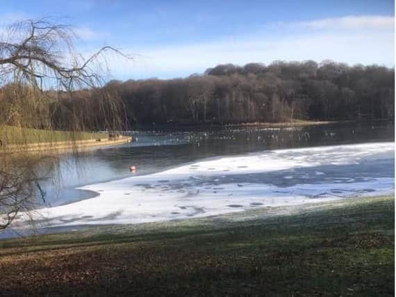 The frozen Waterloo Lake in Roundhay Park