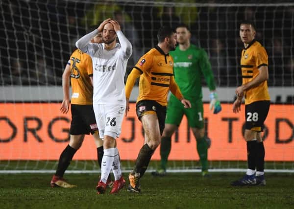 Lewis Wing reacts after a miss during Middlesbroughs FA Cup defeat to Newport County on Tuesday night (Picture: Stu Forster/Getty Images).