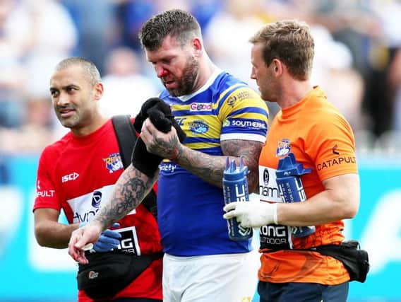 :Leeds Rhinos' Brett Delaney leaves the field during the game against Castleford last July which has essentially now ended his career. (SWPix)