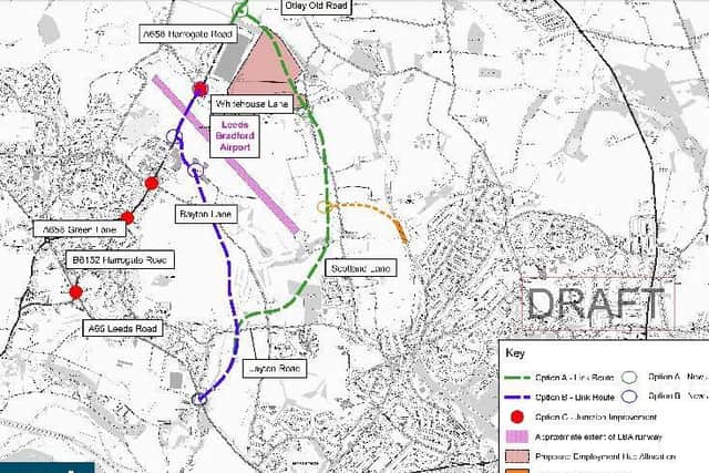 The map shows the three potential link road routes as well as the proposed parkway station site (in yellow)