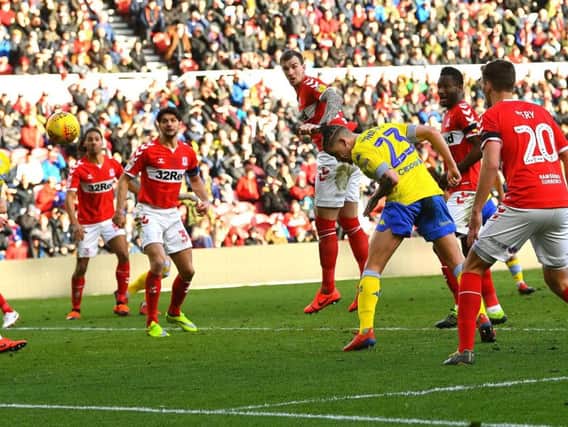 LATE DRAMA: Kalvin Phillips heads Leeds United level in the 101st minute at Middlesbrough. Picture by Jonathan Gawthorpe.