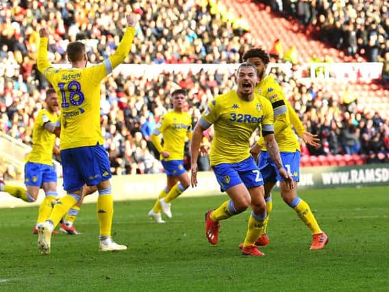 Leeds United's Kalvin Phillips wheels away after his dramatic 101st-minute equaliser at Middlesbrough.