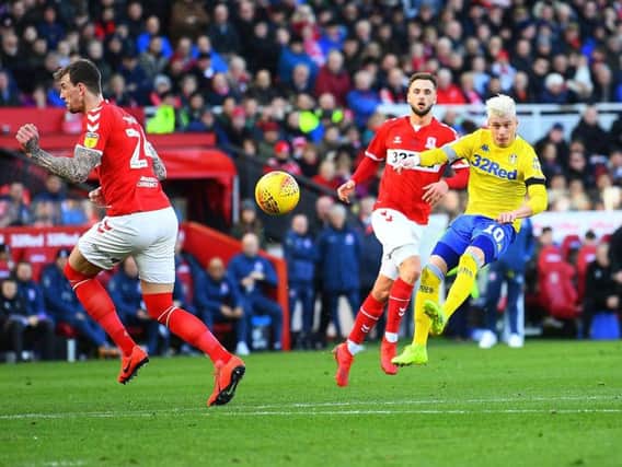 ENERGETIC: Leeds United's Gjanni Alioski fires in a shot as part of another decent shift at left back in Saturday's 1-1 draw at Middlesbrough. Picture by Jonathan Gawthorpe.