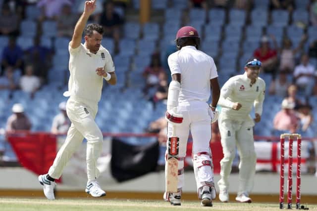England's James Anderson celebrates taking the wicket of the West Indies' stand-in captain Kraigg Brathwaite (Picture: Ricardo Mazalan/AP).