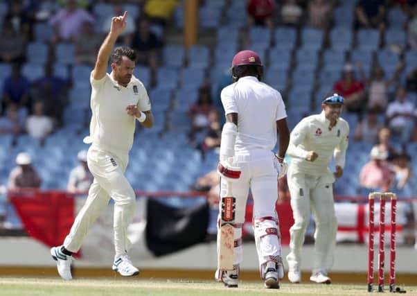 England's James Anderson celebrates taking the wicket of the West Indies' stand-in captain Kraigg Brathwaite (Picture: Ricardo Mazalan/AP).