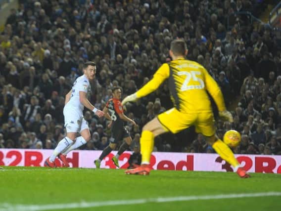 DOUBLING THE LEAD: Jack Harrison puts Leeds United 2-0 up against Swansea City. Picture by Tony Johnson.