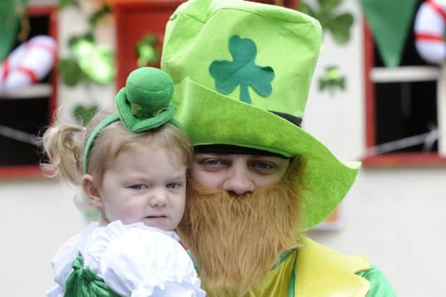 St Patricks Day Parade, Leeds..Shaun Kelly pictured with his daughter Maisy Kelly aged 2..11th March 2018 ..Picture by Simon Hulme