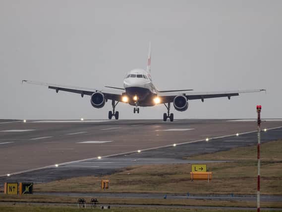 A British Airways flight from London Heathrow lands in crosswinds during a storm at Leeds Bradford Airport earlier this month